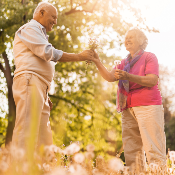 Älteres Paar zwischen Pusteblumen